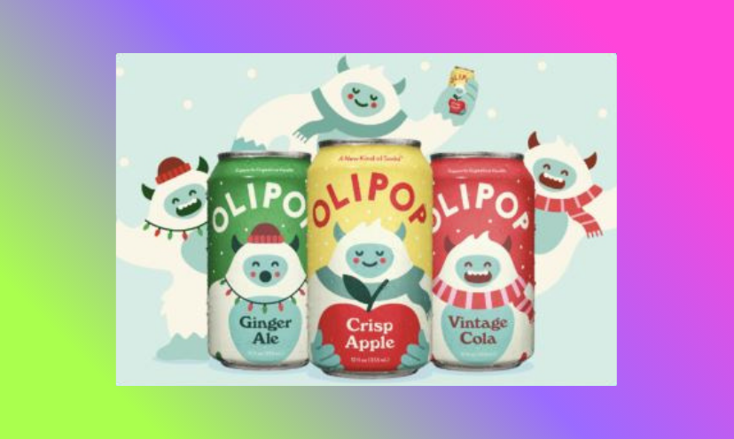 This photo shows three whimsical cans of Olipop prebiotic sodas surrounded by the matching characters peeking from behind these cans of healthy refreshment!