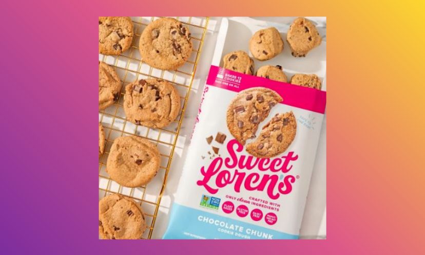 This photo is that of a package of Sweet Loren's chocolate chunk cookies beside the finished product of freshly baked cookie goodness!