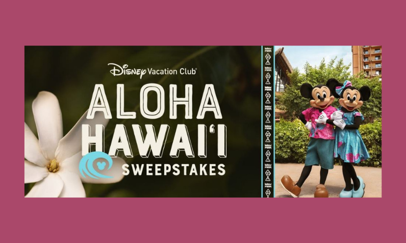 This photo starts with a caption on one side that says "Disney Vacation Club - Aloha Hawaii Sweepstakes. On the other side Mickey and Minnie mouse are standing waiting to greet you!