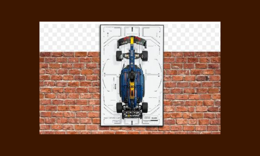 This photo shows the LEGO racing car and wall display in detail. And you could be the lucky winner to admire it for life!