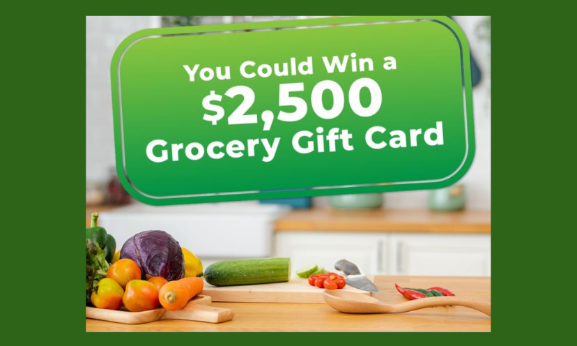 This photo spells out the sweepstakes win with an image of a $2,500 gift card that says "you could win a $2,500 grocery gift card". And it is appropriately displayed over a counter full of colorful, fresh produce!