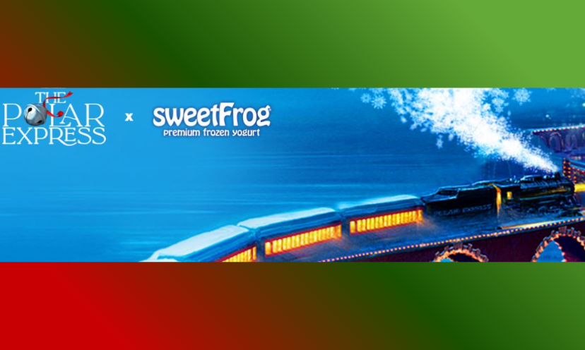 This is a photo of the Polar Express train scooting across a magical track with the engine spraying snowflakes in its steam. Logos include that of sweetFrog and The Polar Express...complete with a bell in the place of the "o"!