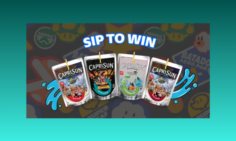 This photo shows four pouches of Capri Sun with a "splashing" effect beside them. The caption say says "sip to win"!