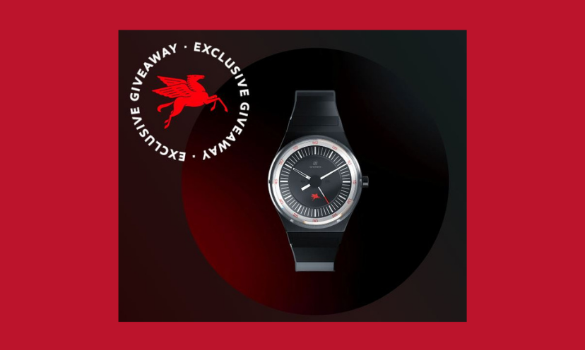 This is a photo of the handsome Pegasus Edition watch in this giveaway. In the corner above it includes a circular logo with the pegasus emblem and the wording "exclusive giveaway"!