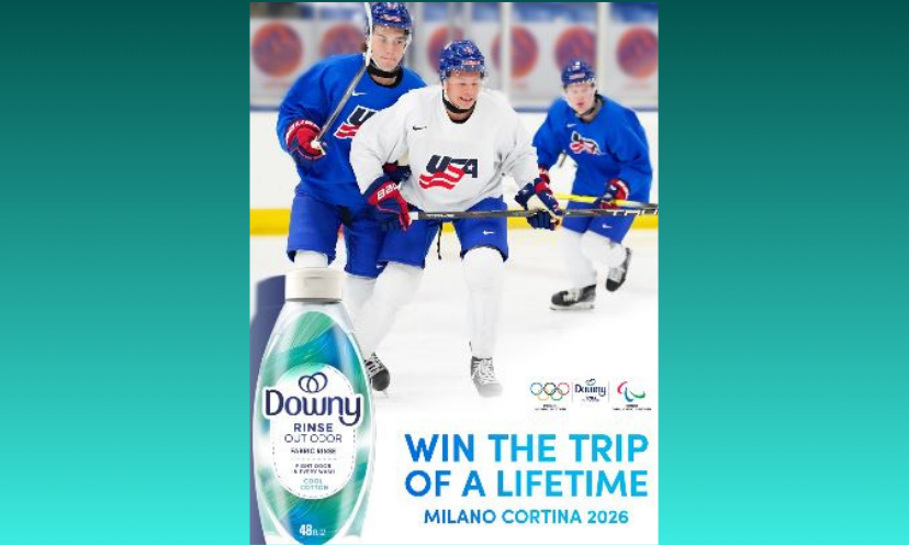 This photo features three USA hockey players on the ice followed by a bottle of Downy fabric freshener and the words "Win the Trip of a Lifetime- Milano Cortino 2026"!