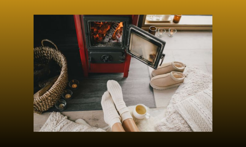 This photo creates a cozy feeling with a wood burning fireplace, slippers and a hot beverage and blankets on standby surrounding a glimpse of feet propped with fuzzy socks keeping toes warm!