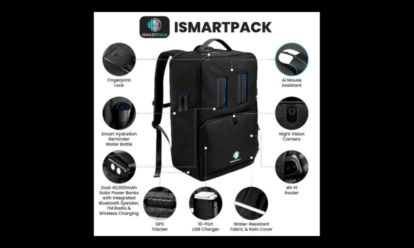 This photo starts with the iSmartPack backpack in the center. It is surrounded with circular photos of each of the features with a description under each picture!