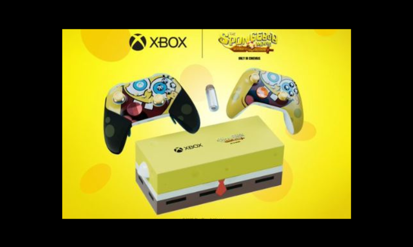 This photo shares the whole prize package of a Spongebob themed Xbox and controllers as well as the Xbox and Spongebob movie logo!