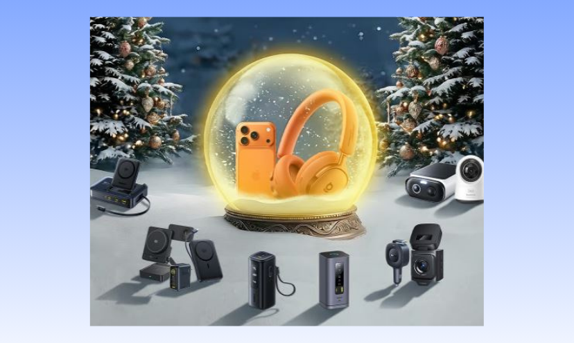 This photo features the sparkle of a winter wonderland with two flocked trees and a snow globe sitting on the white ground. Inside the globe is the grand prize of an iPhone and headphones and is surrounded by all the runner up electronic prizes!
