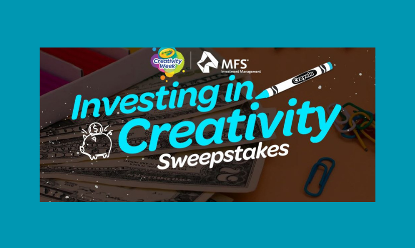 This photo has a bright blue caption that says "Investing in Creativity Sweepstakes" and is surrounded by a background of cash and crayons!