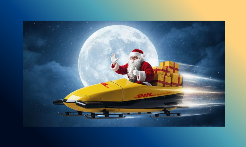 This sweepstakes is called the "The DHL Santa On Ice Sweepstakes" making this photo totally appropriate with Santa himself delivering gifts on a fast paced flying vehicle with the DHL logo. He is flying by with a full moon behind him!