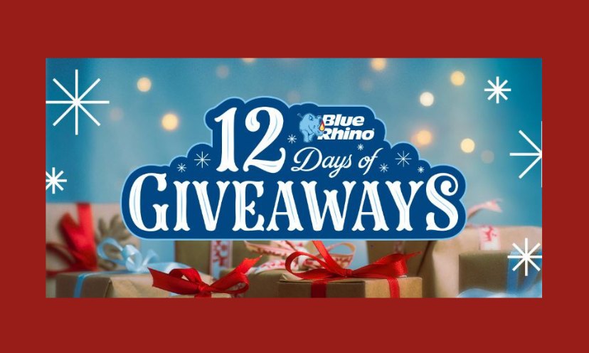 This Christmassy photo starts with the caption "12 Days of Giveaways" followed by the Blue Rhino logo. It includes wrapped packages, sparkling lights and snowflake images!