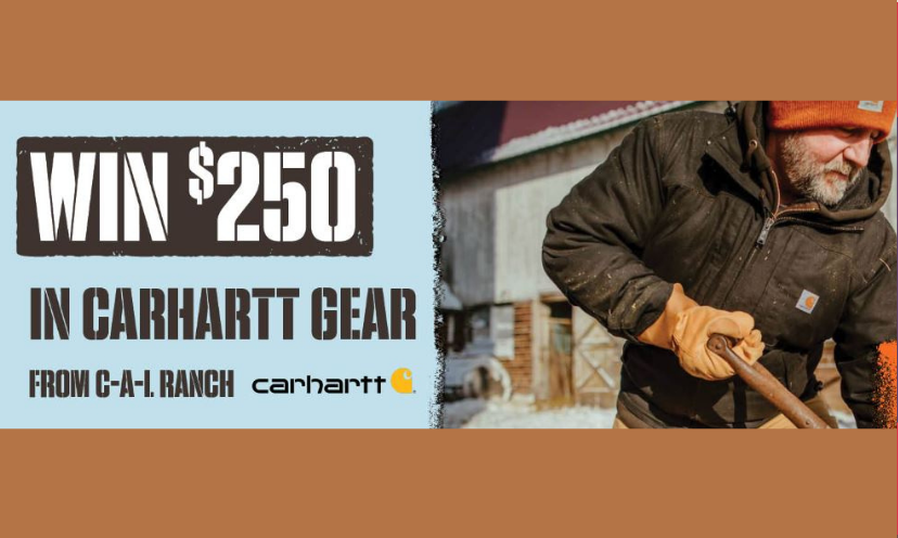 This photo starts with bold wording that says "Win $250 in Carhartt Gear"...followed by the sponsors logo. It also includes a hard working man dressed in his rugged Carhartt attire!