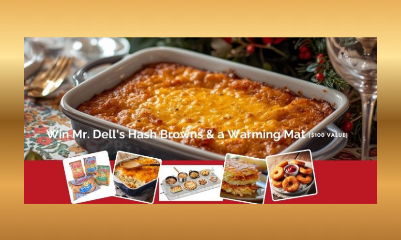 This is a photo of a casserole or entree with melted cheese arranged on a warming mat to keep it warm and fresh. The caption says "Win Mr. Dell's Hash Browns and a Warming Mat. ($100 value)"!