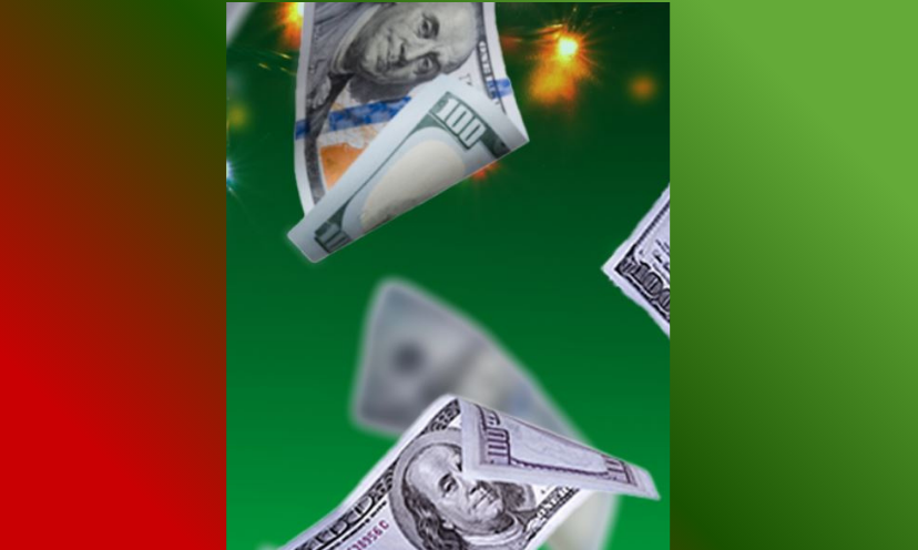 This photo features a partial view of several 100 dollar bills that appear to be floating under a Christmas tree branch and its lights...representing the huge cash win ahead!