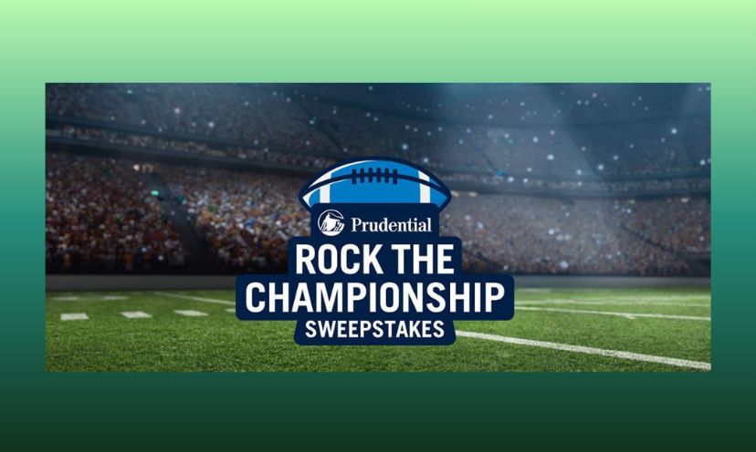 This photo is situated on a football field with a stadium of fans looking on. The logo in the center features a blue football image, the Prudential logo and the words "Rock The Championship Sweepstakes"!