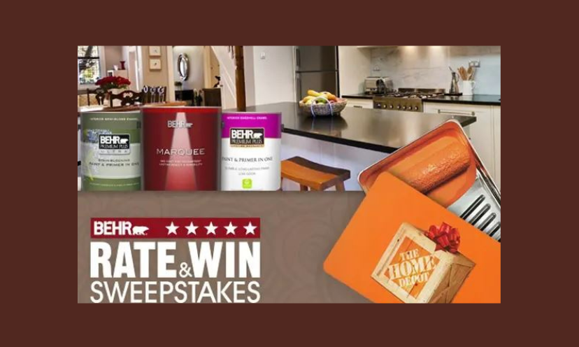 This one photo has a lot of content! It features an updated kitchen, cans of Behr paints, orange paint in a pan with a roller ready to go, a Home Depot gift card and the caption that says "Behr Rate and Win Sweepstakes"!