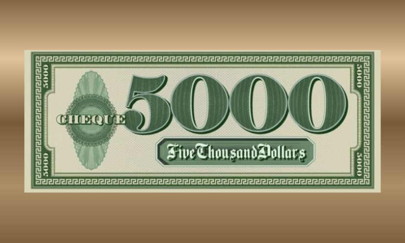 This simple photo is a simulated look at a "$5,000 bill"...or check...which is the prize in this awesome sweepstakes!