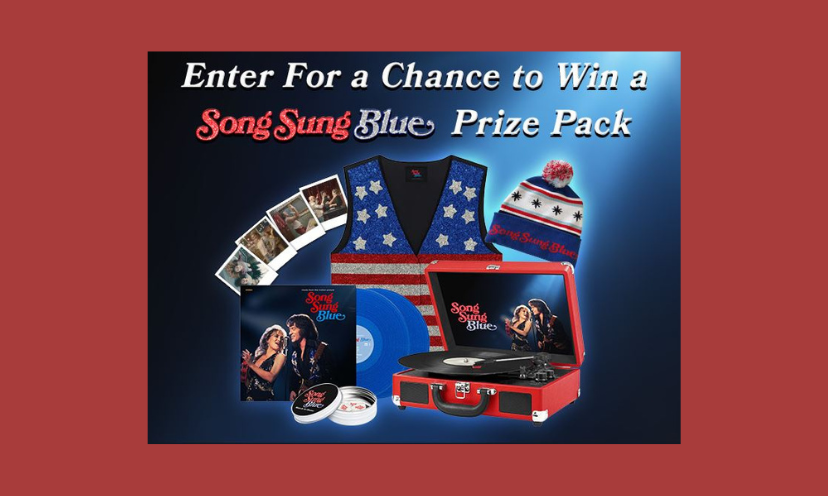 This photo starts with the caption "enter for a chance to win a Song Sung Blue prize pack" followed with each prize in the giveaway. Those prizes include a record player, Song Sung Blue album on vinyl, a matching vest, beanie and more!