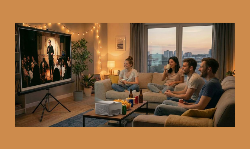 This photo shows friends in a cozy couch setting enjoying each prize in this giveaway...the projector, the stand and the popcorn maker. All prizes come together to make the perfect entertainment set up!
