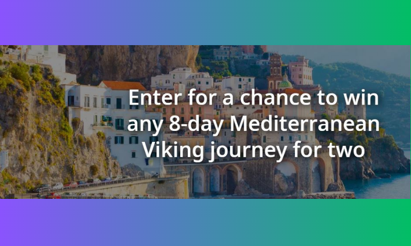 This is a photo that provides Mediterranean scenery including mountains, architecture and ocean views. The caption says "enter for a chance to win any 8-day Mediterranean Viking journey for two"!