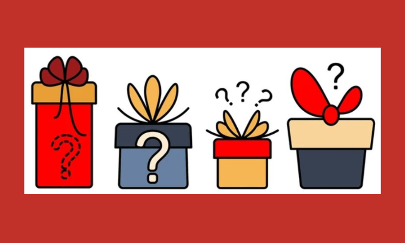 This is a photo of four boxes with bows and question marks on each!