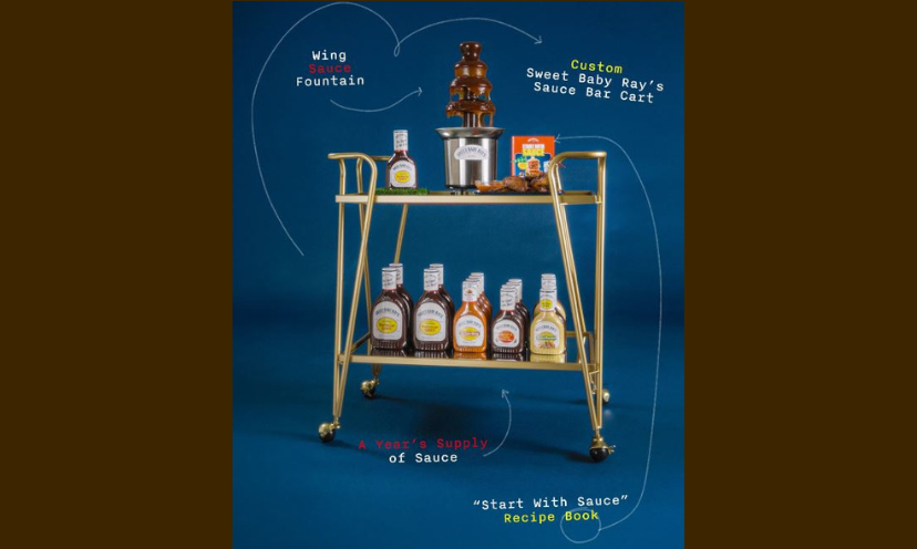 This is a picture of all the prizes in the giveaway that is bringing great taste to the sweepstakes world. It shows the bar cart, wing fountain, Sweet Baby Ray's sauces and recipe book...all set up like a play book with arrows and the description of each prize!