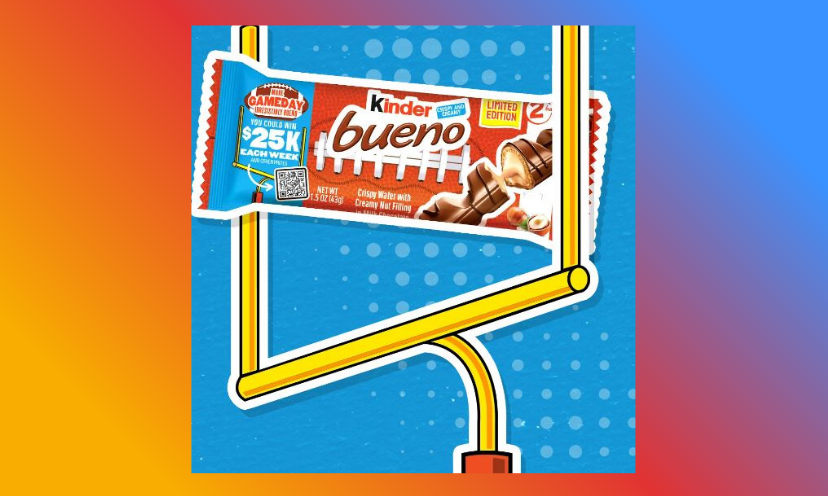 This is a photo of a football goal post with a Kinder bueno bar sailing through for the win!