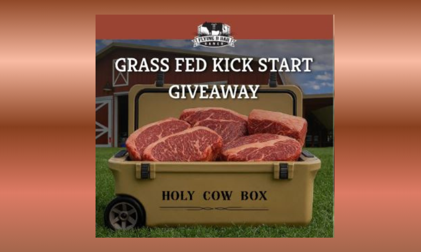 This is a picture of the impressive cooler and the steaks/beef you could soon take home. The front of the cooler says "Holy Cow Box" and the captioon on the photo says "Grass Fed Kick Start Giveaway"!