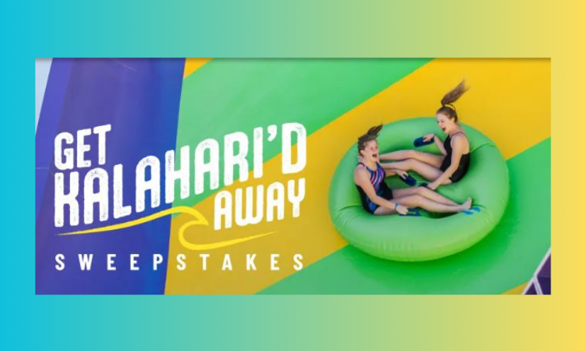 This is a photo of two young girls having a vacation blast on an oversized inner tube. The caption says "Get Kalahari'd Away Sweepstakes"!