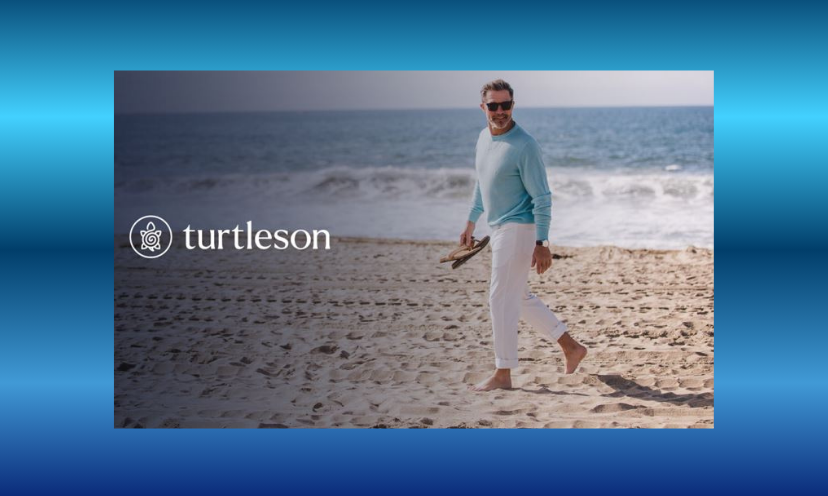 This is a photo of a man strolling on the beach in the comfort of his Turtleson fashion choices. It also includes the Turtleson name and logo!