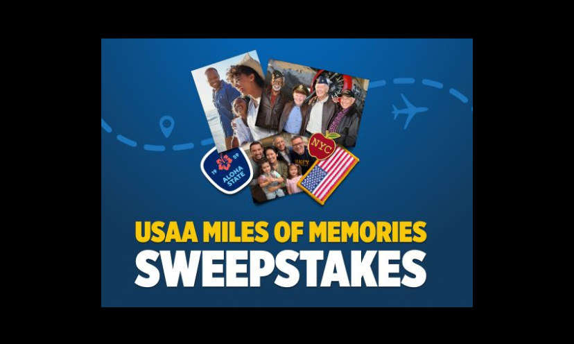 This photo starts with a caption that says "USAA Miles of Memories Sweepstakes" and includes three family vacation photos. It also shares souvenirs of patches and pins from special destinations!