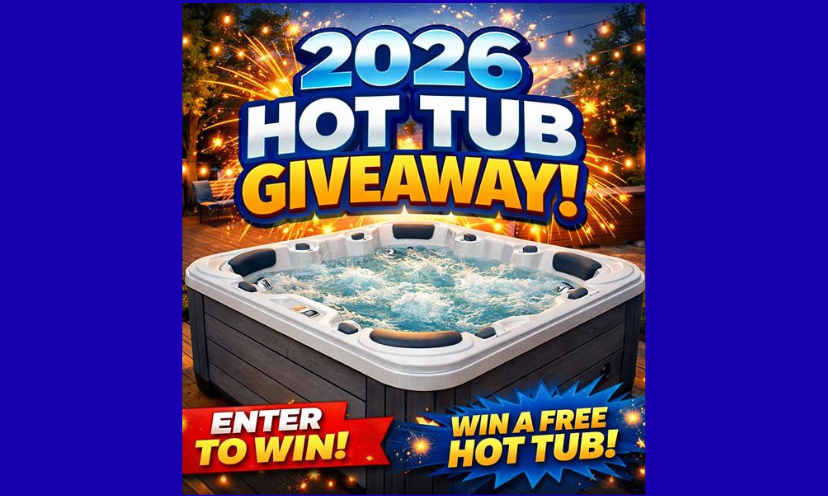 This photo is filled with excitement as it includes bright fireworks behind the hot tub offered in this giveaway! Also included are bold captions that say "2026 HOT TUB GIVEAWAY!", "Enter to win" and Win a FREE hot tub!"