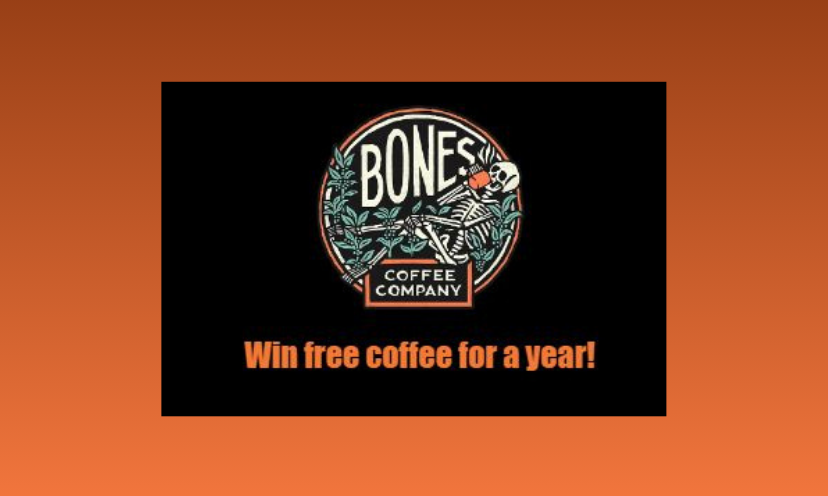 Tis photo begins with the Bones Coffee logo in the center and finishes with "win free coffee for a year" beneath!