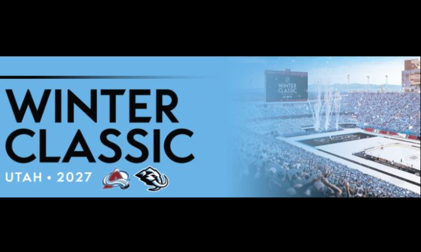 This photo features a caption that says "WINTER CLASSIC Utah 2027" along with a view of the field and stadium filled with fans!