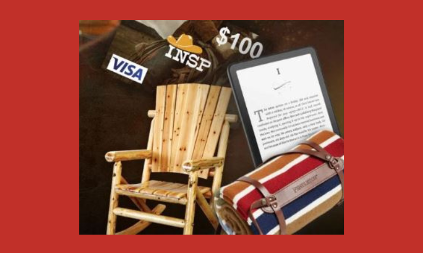 This photo rounds up all of the prizes in this cowboy comforts sweepstakes as it features the Kindle ereader, gift cards, rocking chair and blanket!