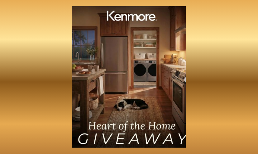 This is a photo of a cozy kitchen, complete with the family dog in the floor enjoying the ambience among the four new appliances offered in this giveaway! The caption says "Kenmore...Heart of the Home Giveaway"!