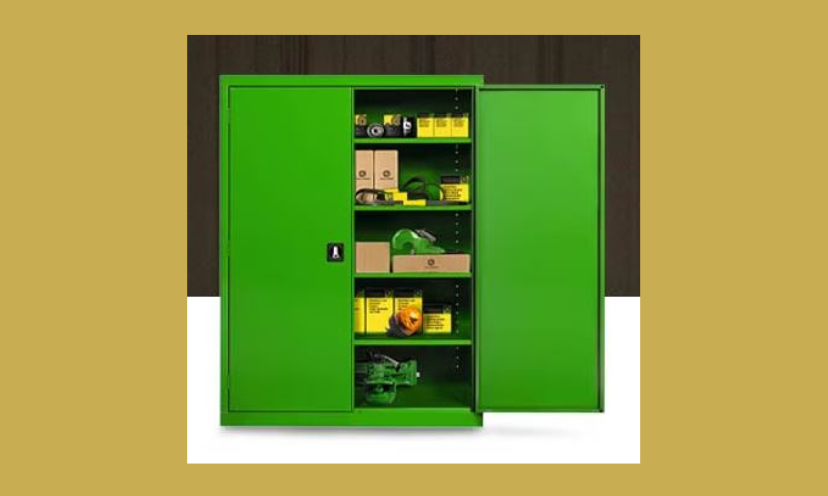 This is a simple photo of the impressive John Deere branded parts storage cabinet being offered in this giveaway. This one is a festive green color...as you would expect from John Deere!