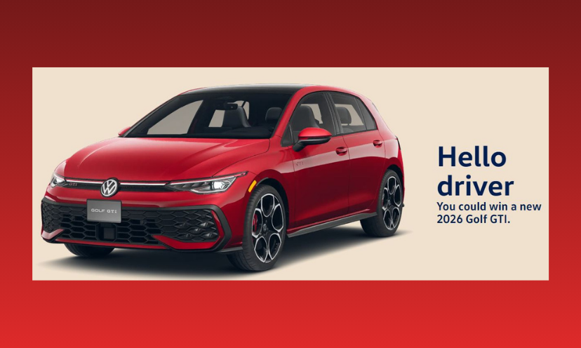 This is a photo of a Volkswagen Golf automobile with a caption that says "hello driver, you could win a new 2026 Golf GTI"!