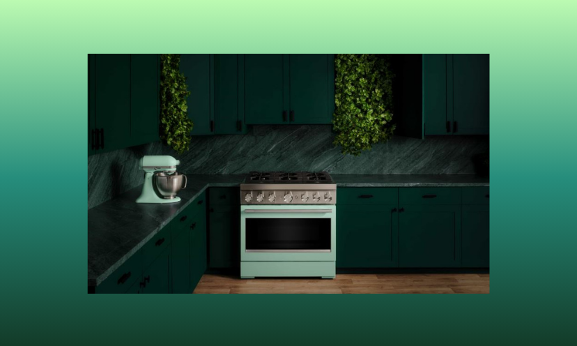 This photo shows the welcoming blue mixer and commercial gas range you could win in tis $9,000+ giveaway!