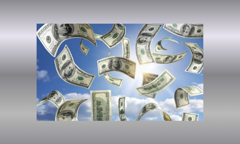 This is a photo of multiple 100 dollar bills floating through a blue sky and white fluffy clouds!