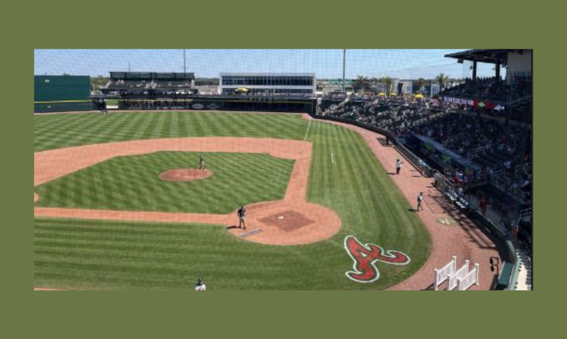 This photo captures the meticulous grassy field at the Atlanta Braves spring training in Florida. Players are on the field and the Brave's logo is behind home plate!