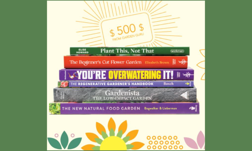 This photo shows a stack of gardening books and a $500 gift card...surrounded by colorful flower images!