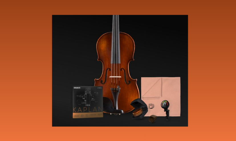 This photo shows the impressive violin, string set, tuner and other accessories in the complete violin set up offered in this giveaway!