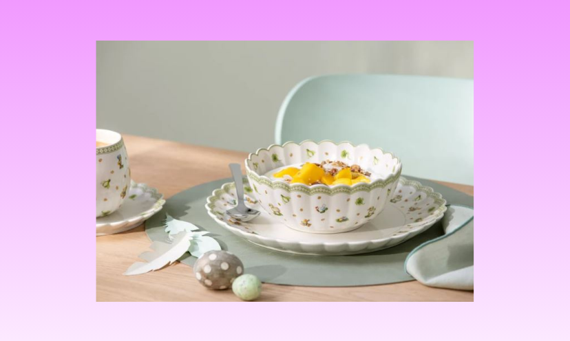 This photo features the delicate and beautiful setting of dishes you could win in the Easter Delight Giveaway. A special touch is the decorated Easter eggs on the table beside the setting!