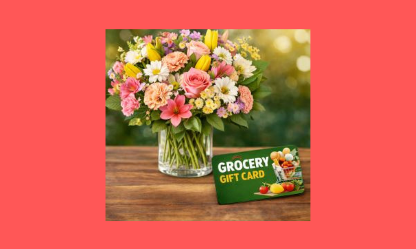 This is a photo of a beautiful, spring flower bouquet and a grocery gift card. The two gifts three lucky winners will soon receive!