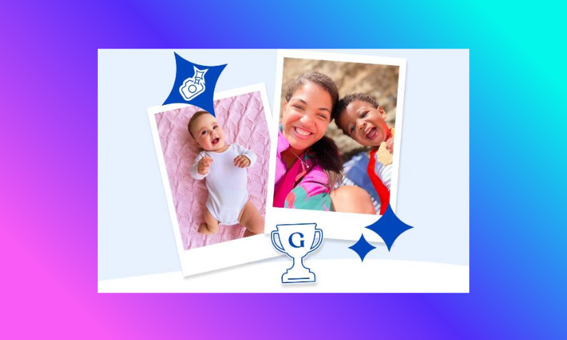 This photo contains 2 photos of its own. One is of a mom and her smiling toddler and the other is of a newer baby in the world. At the bottom is an outline of a trophy with a G in the center of it...which stands for Gerber!