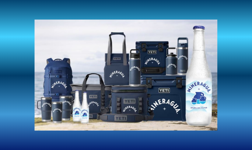This photo features the huge array of Yeti coolers, tumblers, water bottles amd travel mugs in this sweepstakes. They are displayed with a fitting beach back drop!