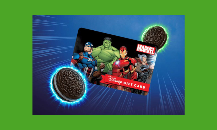 This photo features a festive gift card that includes images of four Marvel characters, the Marvel logo and two Oreo cookies. The cookies have neon colors surrounding them, almost as if the creamy centers are lit up!