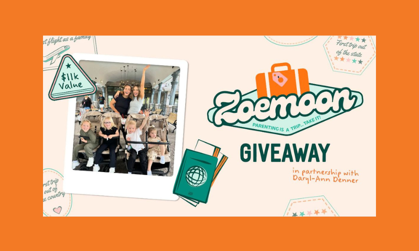 This photo features a family on vacation with four kids in their Zoe strollers. The logo says "parenting is a trip...take it"!